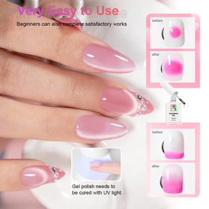 Very easy to use blooming gel - beginners can complete satisfactory works showing pink ombre nail art with before and after comparison