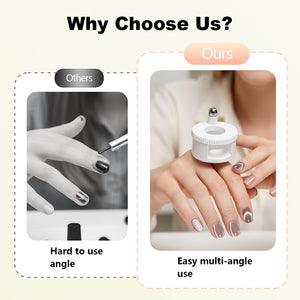 Why choose us comparison - others show traditional stick magnets with hard to use angle versus our easy multi-angle rotating magnet tool being held comfortably with finished cat eye nail art in neutral tones
