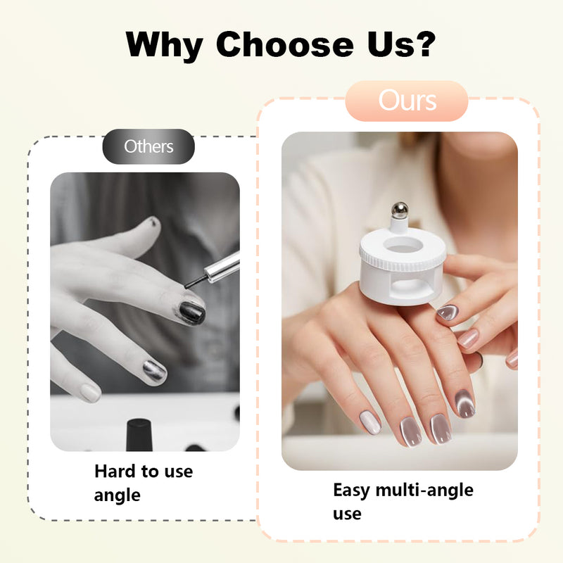 Why choose us comparison - others show traditional stick magnets with hard to use angle versus our easy multi-angle rotating magnet tool being held comfortably with finished cat eye nail art in neutral tones
