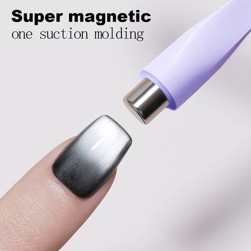 Super magnetic one-suction molding demonstration showing purple starfish magnet wand creating instant cat eye effect on black gel polish nail with strong magnetic force and precise pattern control
