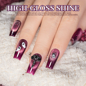 A close-up of high-gloss cat eye gel polish set holiday colors with spooky nail art, showcasing vibrant purple shimmer.