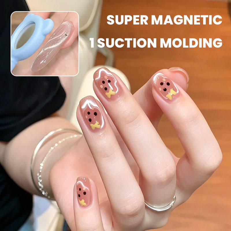 7-in-1 cat eye nail magnet creating adorable nail art with super magnetic suction molding on stylish manicured fingers.