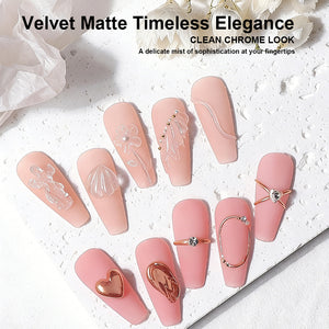 Velvet Matte Timeless Elegance clean chrome look showing delicate mist of sophistication on pink nude nails with nail art 
