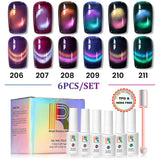 Nebula Aurora 9D Cat Eye Gel Polish Set – #212 Cosmic Plum, #213 Velvet Wine, #214 Galaxy Iris, #215 Stellar Prism, #216 Midnight Halo, #217 Deep Forest – TPO & HEMA Free, 7.5ml, UV/LED, includes double-ended cat eye magnet