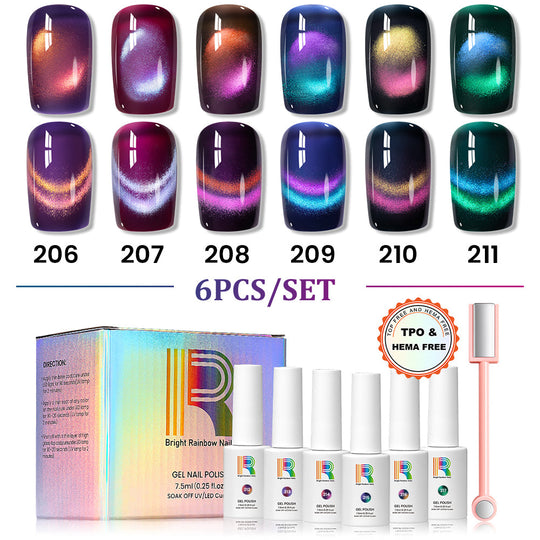 Nebula Aurora 9D Cat Eye Gel Polish Set – #212 Cosmic Plum, #213 Velvet Wine, #214 Galaxy Iris, #215 Stellar Prism, #216 Midnight Halo, #217 Deep Forest – TPO & HEMA Free, 7.5ml, UV/LED, includes double-ended cat eye magnet