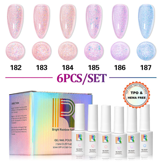 Aurora Fleur 6-Color Glitter Gel Polish Set TPO HEMA Free 7.5ml
