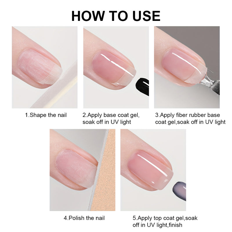 How to use fiber base gel - 5 step tutorial showing shape nail, apply base coat, apply fiber gel, polish, and finish with top coat 