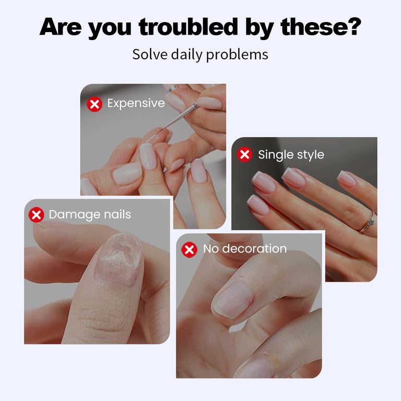 Problem-solving comparison chart showing traditional nail art issues (expensive salon visits, single style limitations, nail damage, lack of decoration options) versus 8-in-1 starfish magnet solution offering affordable multi-effect cat eye nail art at home
