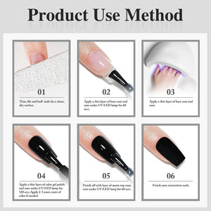 Product use method — 6-step gel nail application guide with base coat, color gel and matte top coat