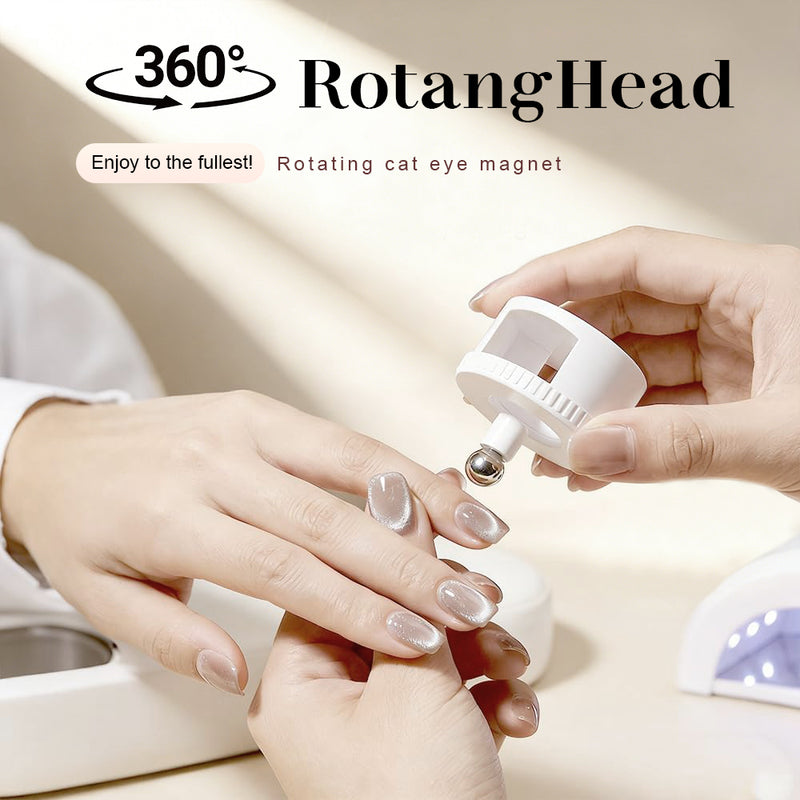 360 degree rotating head enjoy to the fullest - hands demonstrating how to use rotating cat eye magnet tool on fingers with elegant neutral cat eye gel polish manicure showing professional salon results
