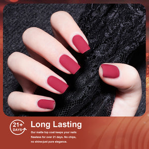 Long lasting 21+ days matte top coat on red gel nails showing flawless wear with no chips, no shine, pure elegance 
