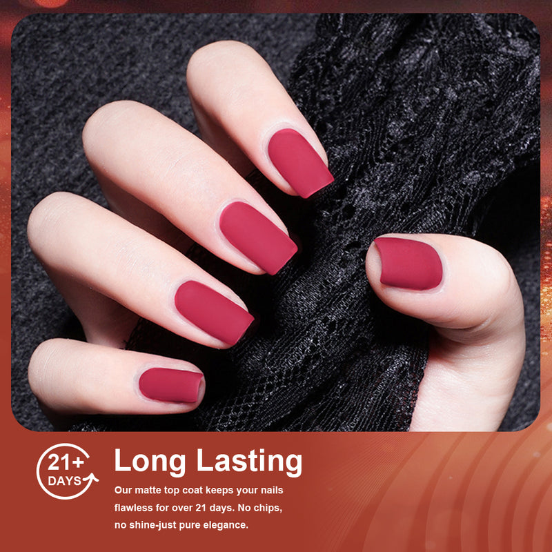 Long lasting 21+ days matte top coat on red gel nails showing flawless wear with no chips, no shine, pure elegance 