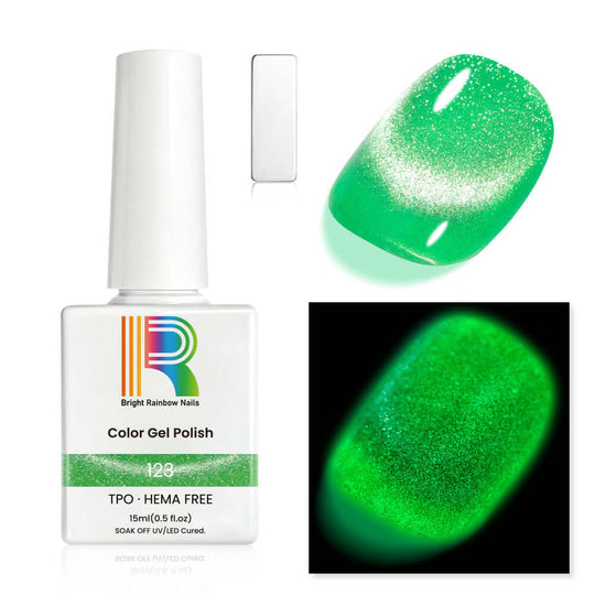 Emerald Green Glow in the Dark Gel Nail Polish 15ml #123 - TPO & HEMA Free with shimmering daytime finish and bright glow.