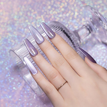 Lavender Holographic Shimmer Cat Eye Gel Nail Polish 15ml #072 - TPO & HEMA Free applied on long nails.