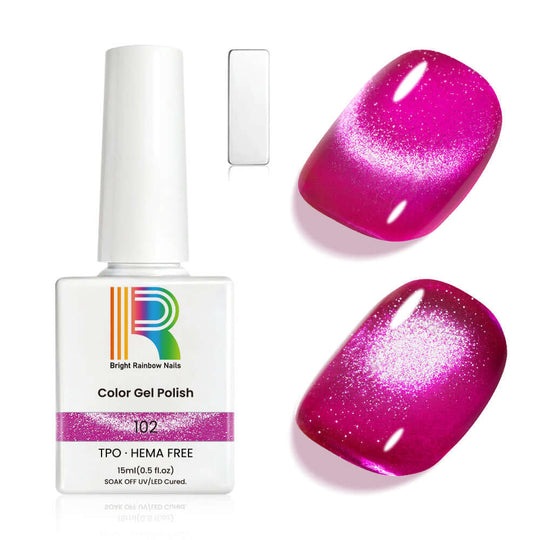 Magenta Pink 9D Cat Eye Gel Polish 15ml #102 - TPO & HEMA Free displayed with swatches and product bottle.